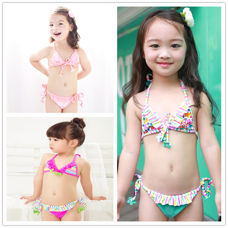 Children's Swimsuit Baby Small Middle School Girl Cute Colorful Printed Lace-up Adjusting Bikini Split Swimsuit Combination