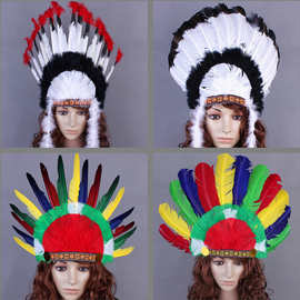 1万圣节野人COS羽毛头饰印第安羽毛头饰红白黑羽毛印第安酋长帽
