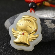 金镶玉3D 4D足金镶和田玉 宝石小天使挂坠 玉器女款吊坠 厂家批发