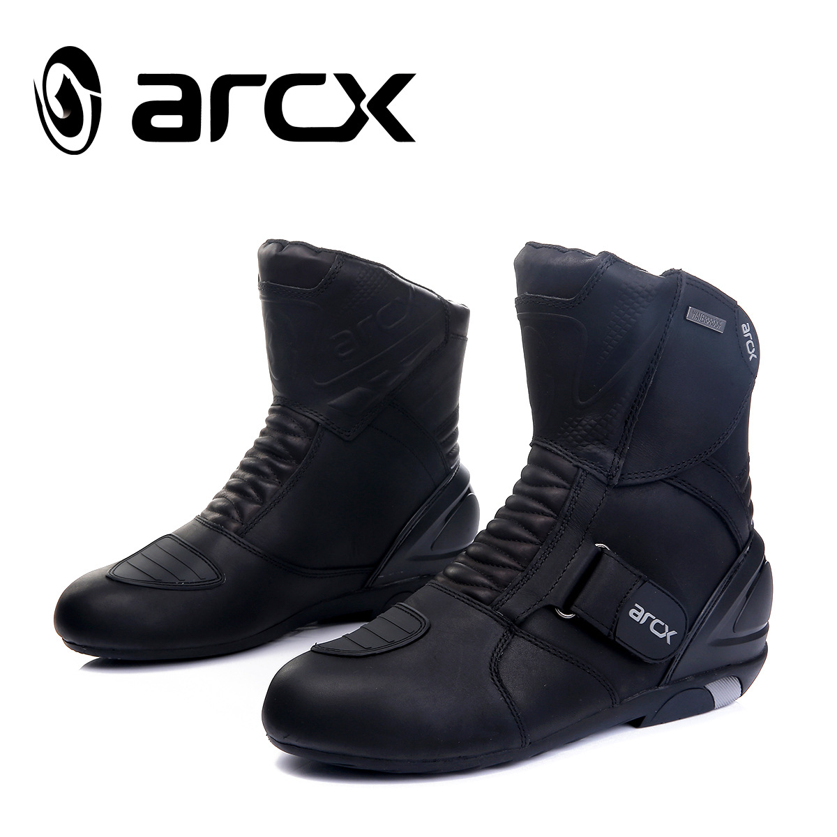 Arcx 방수 오토바이 검은 신발 남성 중급 소 가죽 기사 신발 레이싱 부츠