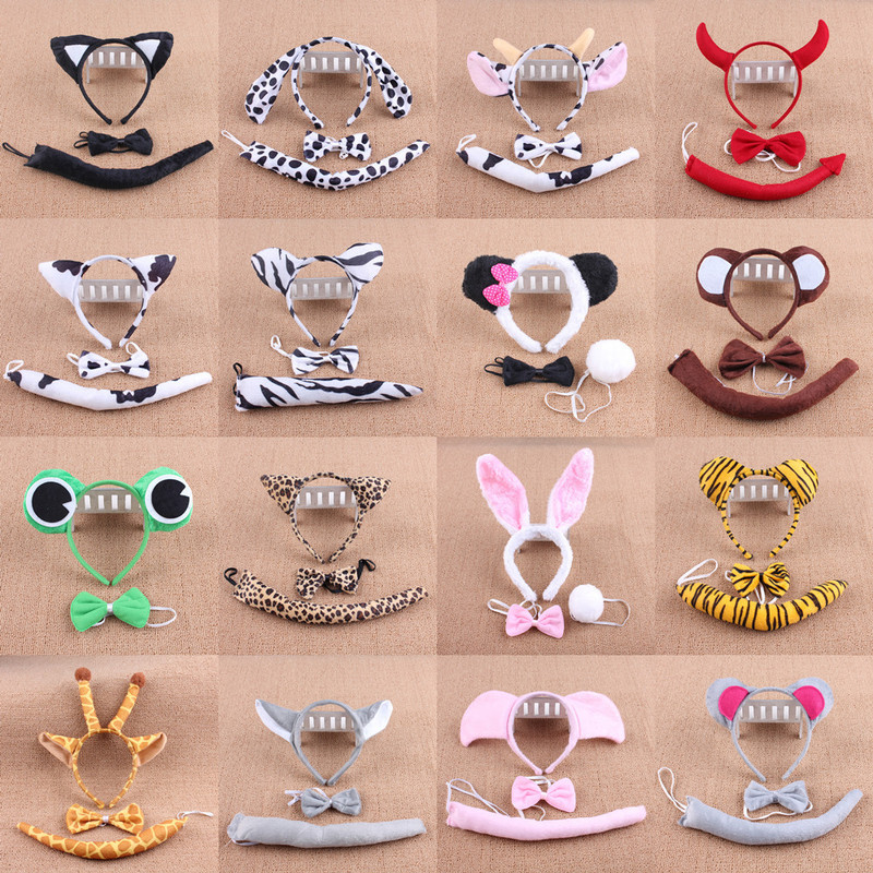 1 Children's Day Cartoon Headband Headwear Animal Three-piece Bunny Cat Tiger Ears Bow Tie Tail