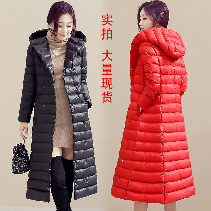 Autumn and Winter New Hooded Down Cotton-padded Jacket Double-breasted Slim-fit Slimming Large Size Over-knee Lightweight Cross-border Down Jacket Coat