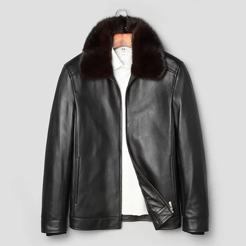 海宁皮衣男真皮羽绒皮夹克中年水貂翻领头层绵羊皮冬季保暖服外套