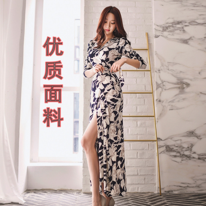2026 Summer Korean Style New Elegant Floral Slim Fit V-Neck Long Sexy Slit Long Dress Women's Dress 2892 2026 Summer Korean Style New Elegant Floral Slim Fit V-Neck Long Sexy Slit Long Dress Women's Dress 2892