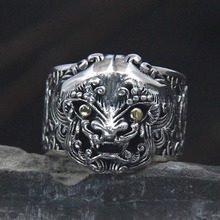 梵银个性狰狞唐狮戒指纯银S925中国风泰银复古原创兽首指环男专柜