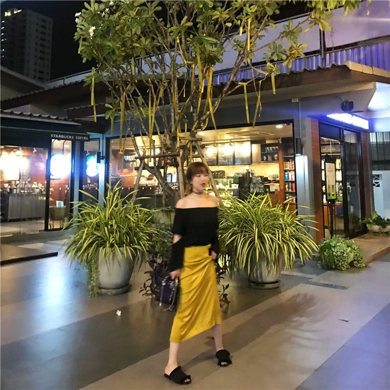 Ультра-Модный Атласная Глянцевая Тонкий Скольжения Задней Юбка