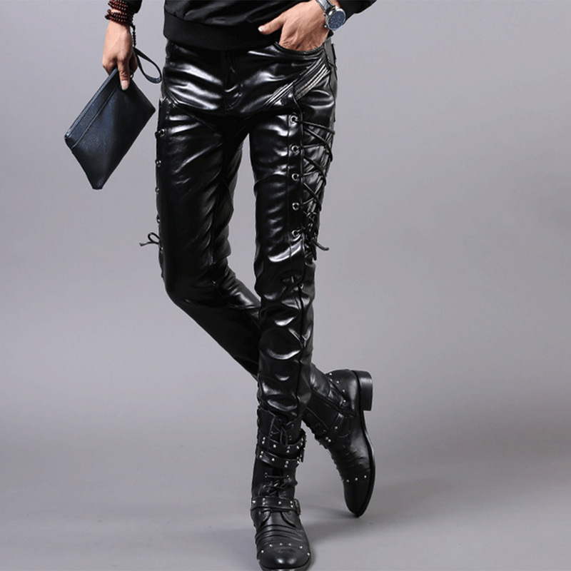 Tie Rope Punk Autumn and Winter New Slim Fit Motorcycle European and American Trendy Male Hairstylist Small Feet Pu Spliced Leather Pants