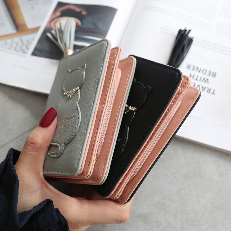 Adorno de gato para mujer borla corta vertical doble pequeña billetera transfronteriza nueva hebilla se puede instalar en la billetera de cambio