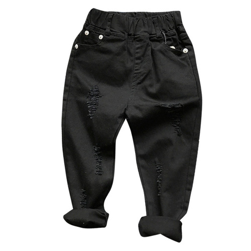 Kids' Clothing Children's Slim-Fit Pants 2024 New Spring Style Distressed Stretch Denim Jeans in Black and White Long Trousers AQ858