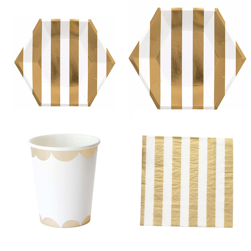 European and American New Disposable High-end Party Supplies Tableware Paper Tray Paper Cup Straw Cake Tray Bronzing Hexagon