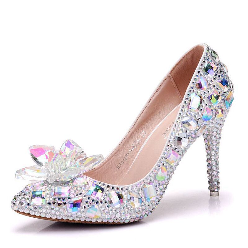 9cm Single Shoes Crystal Glass Flower High Heels Single Shoes Women's Rhinestone Pointed Single Shoes Foreign Trade Large Size Shoes for Women