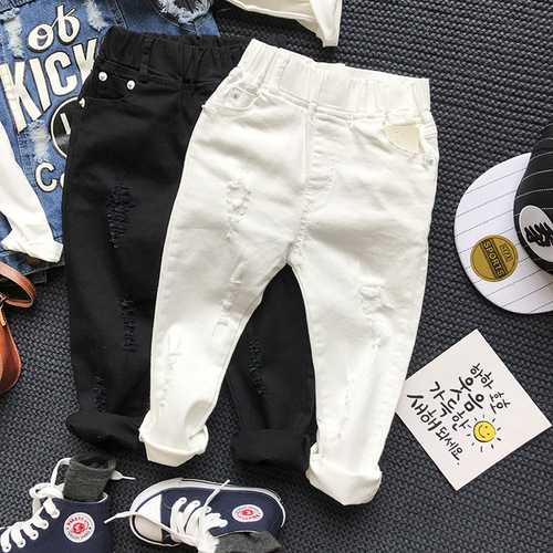 Kids' Clothing Children's Slim-Fit Pants 2024 New Spring Style Distressed Stretch Denim Jeans in Black and White Long Trousers AQ858