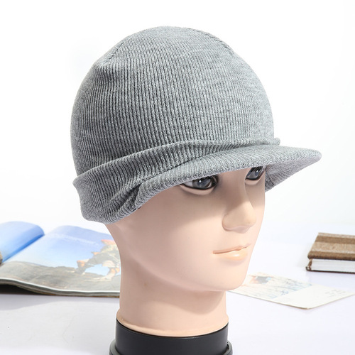 跨境新款鸭舌帽腈纶帽子滑雪帽纯色欧美毛线帽带帽檐针织帽