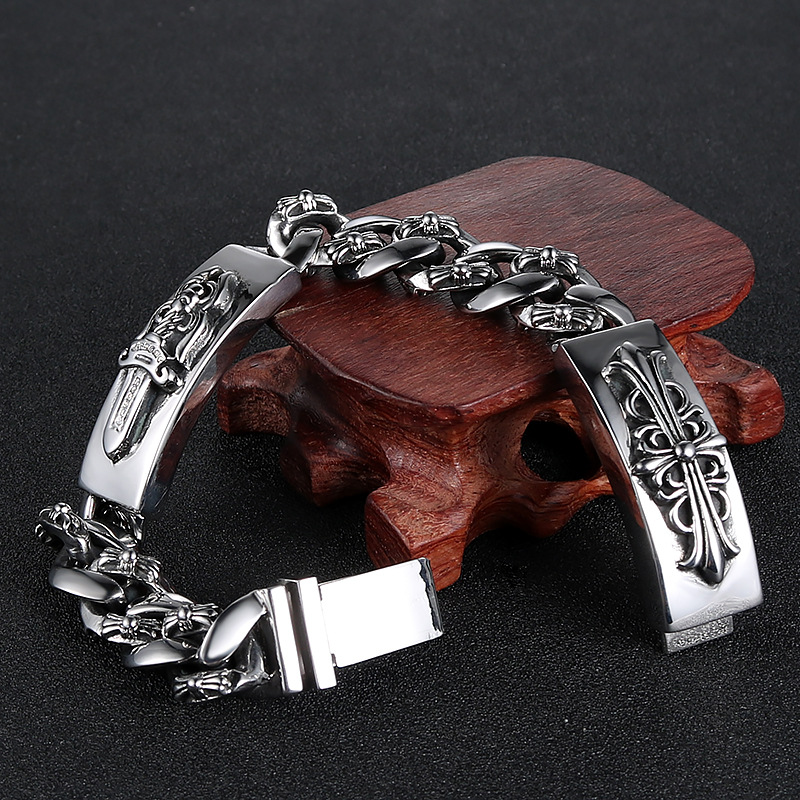 European and american fashion cross titanium steel bracelet men's personality retro stainless steel cross flower bracelet HL009