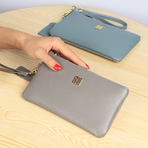 First-layer cowhide clutch bag, simple women's zipper, European and American long money wallet, wallet, genuine leather clutch bag for women