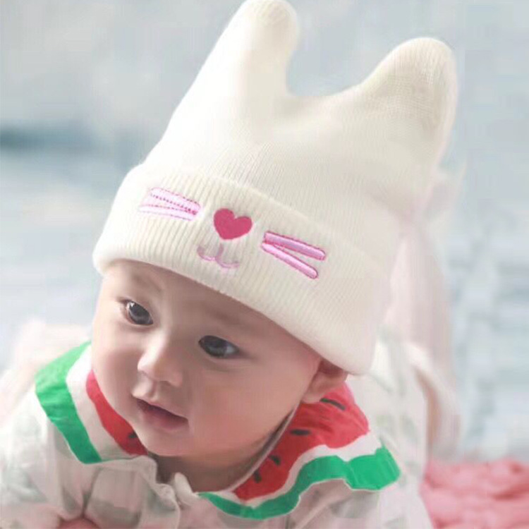 儿童帽子秋冬季刺绣猫咪宝宝棉线针织帽爱心牛角套头婴儿帽护耳帽