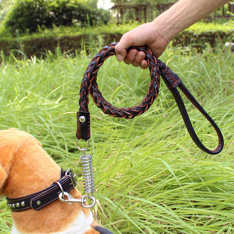 清仓宠物八股牛皮弹簧牵引绳户外遛狗链中大型犬防爆冲狗狗牵引绳