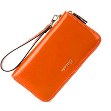 欧美新款女式双拉链多卡位手拿包油蜡皮钱包潮流logo厂家批发