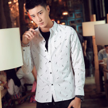 男装印花长袖衬衫 男式韩版修身羽毛印花时尚休闲长袖衬衫069