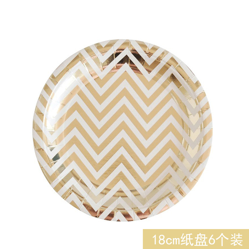 高档新款烫金波浪纸盘一次性派对用品餐具杯子吸管纸巾爆米花盒子