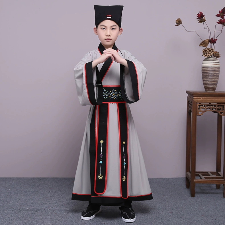 Детский костюм ханьфу для мальчиков Han Yuefang, костюм для выступления, книга древних костюмов для маленьких детей, китайский этюд, детский трехсимвольный костюм для настольного представления сутры