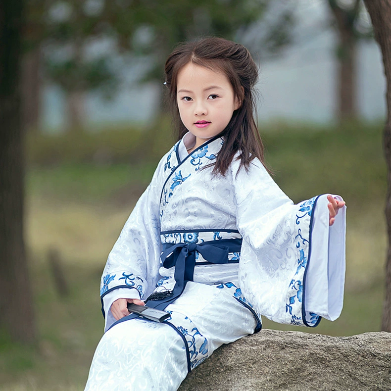 Hanyuefang оригинальный высококачественный детский древний Costage Hanfu народный синий и белый фарфор Улучшенный костюм принцессы Hanfu для девочек кино и телевидения
