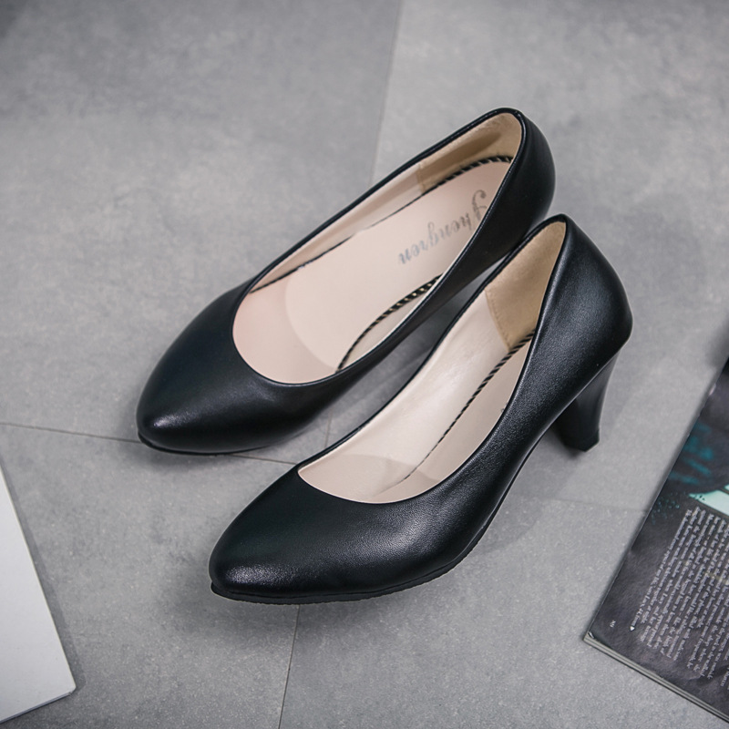2027 New Large Size Women's Mid-Heel Single Shoes, Black Chunky Heel Pointed Toe Shoes, Professional Leather Shoes, Etiquette Large Size Work Shoes