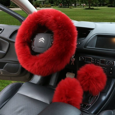 sheepskin fur one-piece wool handle | Steering wheel cover - burgundy-38cm