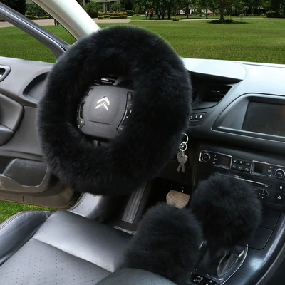 Steering wheel cover — cover winter New Australian sheepskin - black-38cm