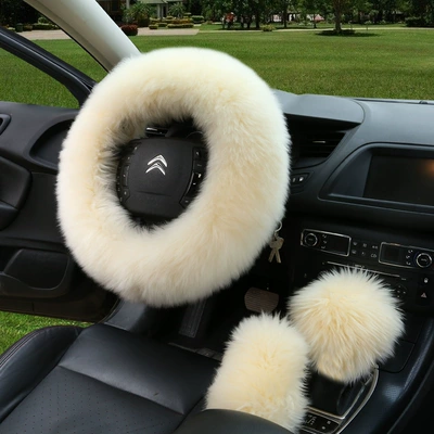 Steering wheel cover winter New Australian sheepskin fur - light-beige-38cm