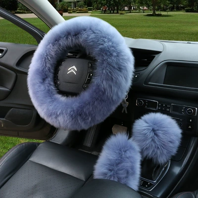 Steering wheel cover: wool handle cover hand brake - gray-blue-38cm