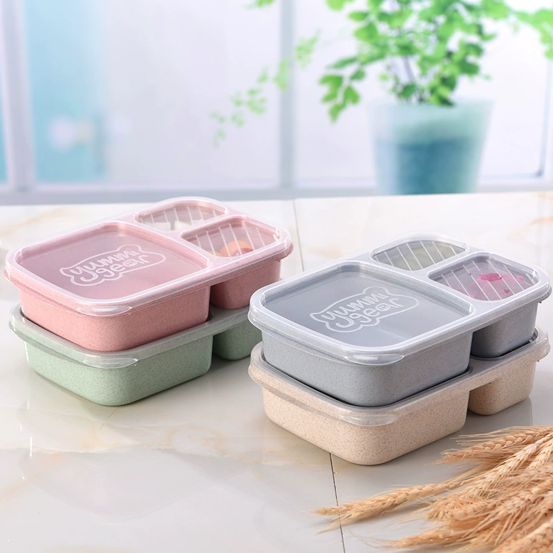 Ланч-бокс Huixue из рисовой шелухи, 3‑ отделения, льняная солома, Nordic Blue/Green/Pink/Rice
