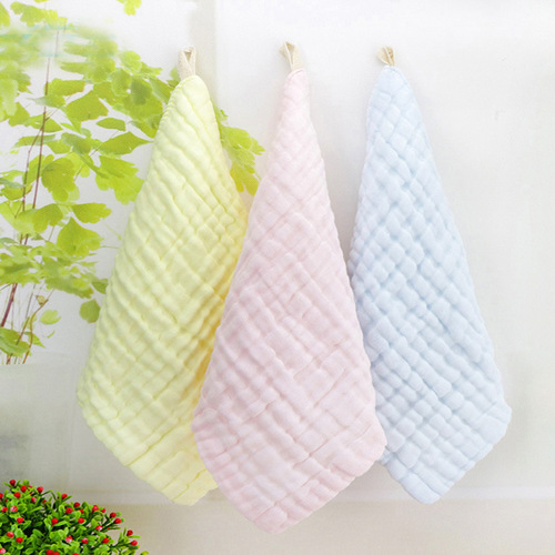 Candy color boneless washed gauze square towel baby saliva towel children's face wash towel ~ with hanging buckle 30*30cm