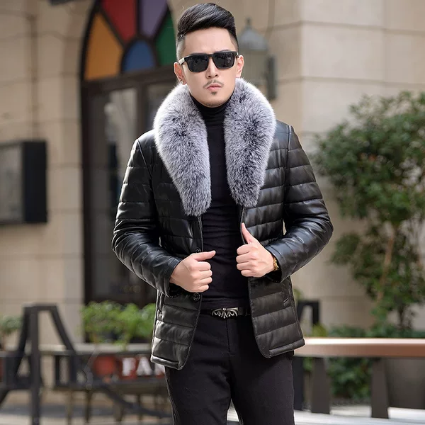 1707 Winter New Haining Leather Down Jacket Men's Silver Fox Fur Collar Korean Mid-length Slim Fit Leather Jacket Coat