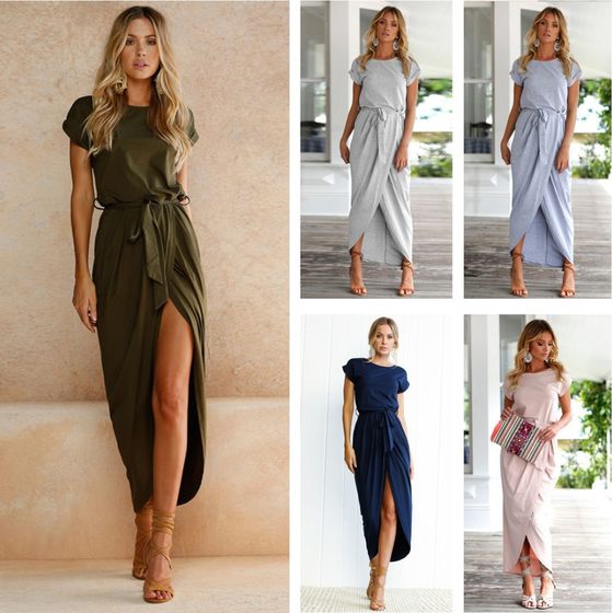 new women's solid color reverse sleeve flat short sleeve round neck irregular dress