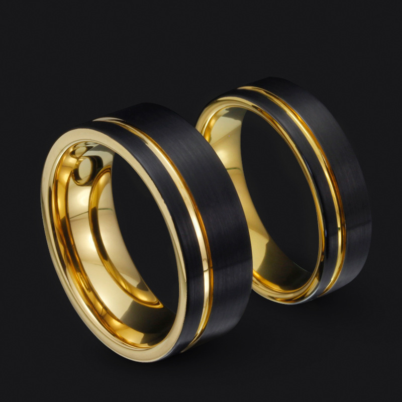 欧美时尚潮流简约大气钨金外电黑内电金情侣无名指戒指 钨钢饰品