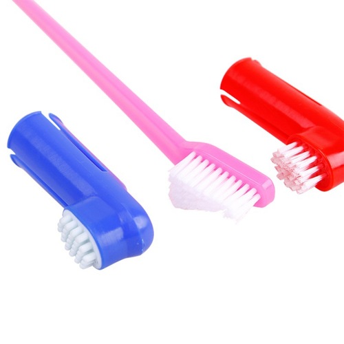 宠物清洁用品猫狗双面长柄牙刷+指套牙刷套装颜色按需可调