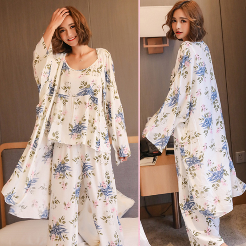 New Korean-style Pajamas Women's Spring and Autumn Long-sleeved Japanese-style Summer Sweet Sexy Sling Three-piece Home Suit