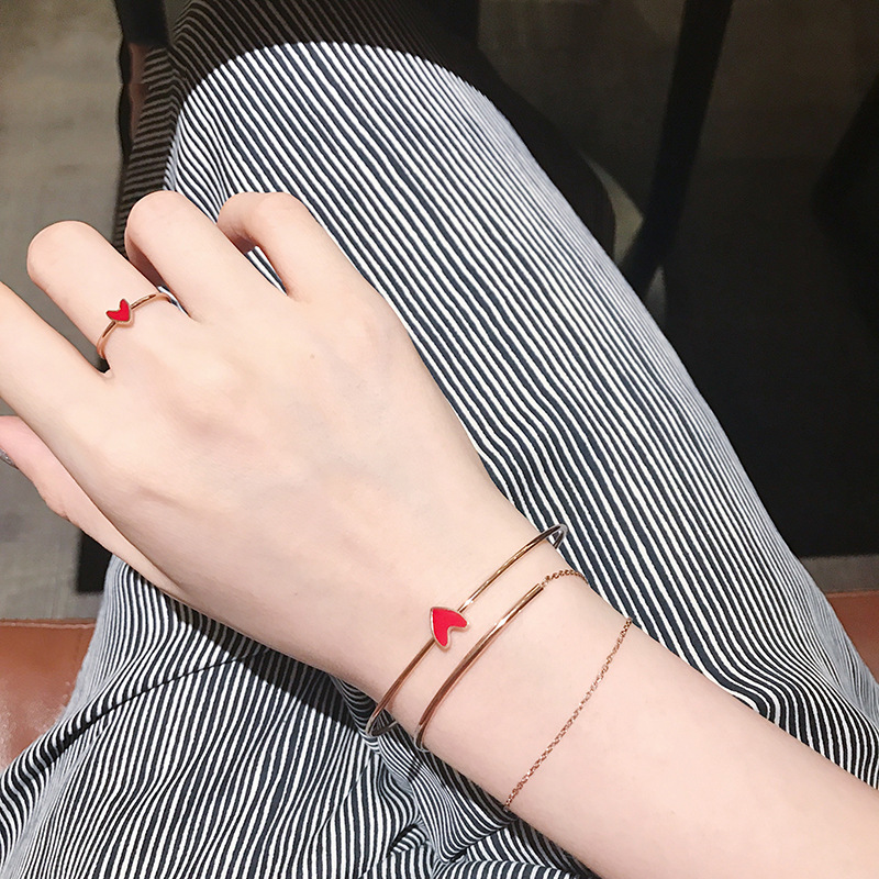 日韩925纯银戒指简约红色珐琅爱心形戒指 桃心开口戒子指环女