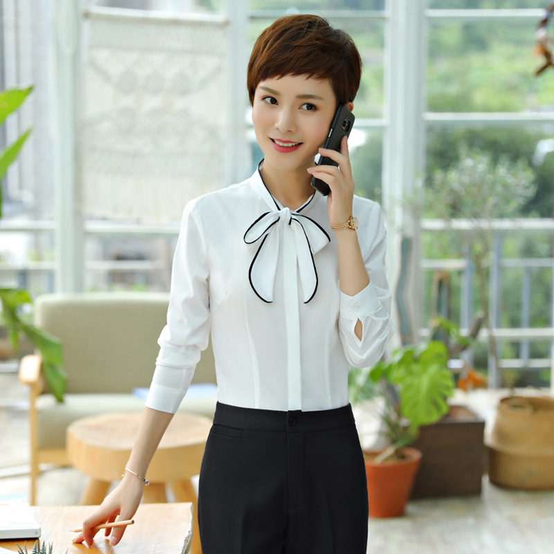 White Long Sleeve Bow Shirt for Women Office Autumn Slim Fit