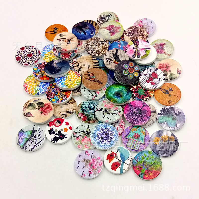 20mm fondo blanco hermoso estilo antiguo disco redondo impreso DIY botón de madera pintado 100 por paquete