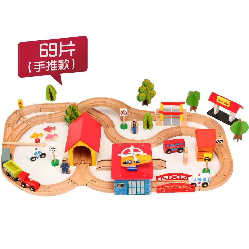 Железная дорога с рельсами, деревянная игрушка, 69 деталей