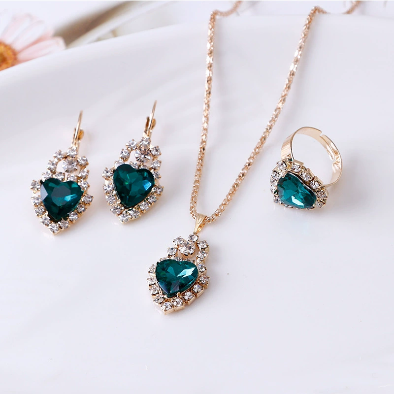 Earrings, ring, fashionable jewelry, pendant heart shaped, necklace heart-shaped for bride, 3 piece set, European style