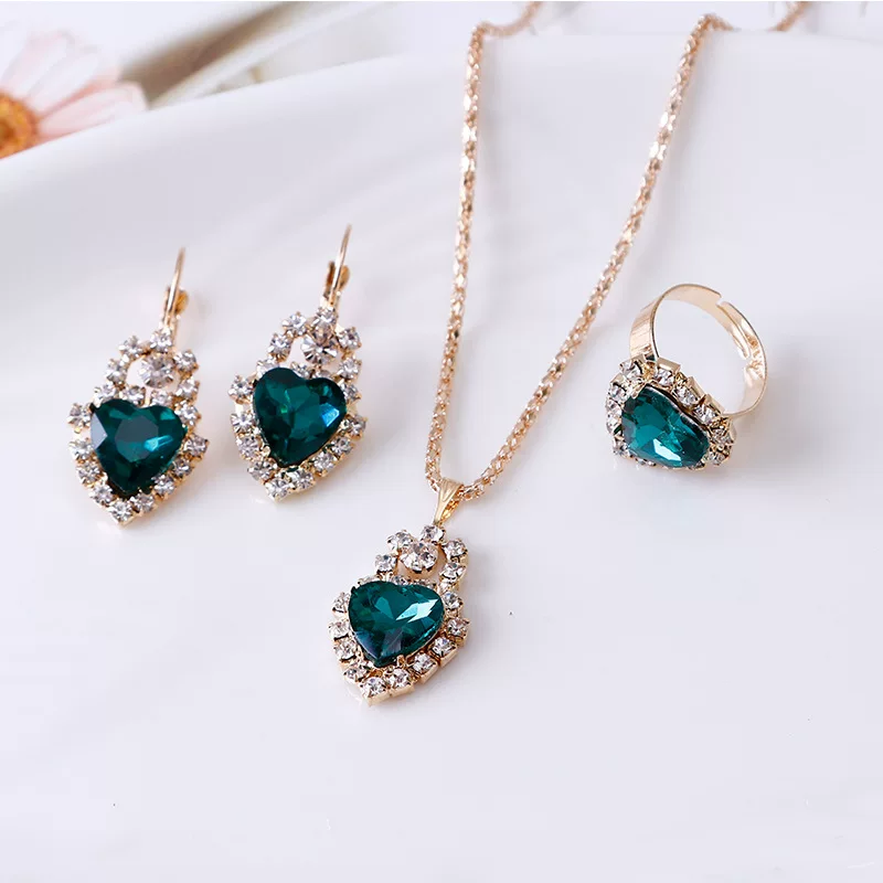 Earrings, ring, fashionable jewelry, pendant heart shaped, necklace heart-shaped for bride, 3 piece set, European style