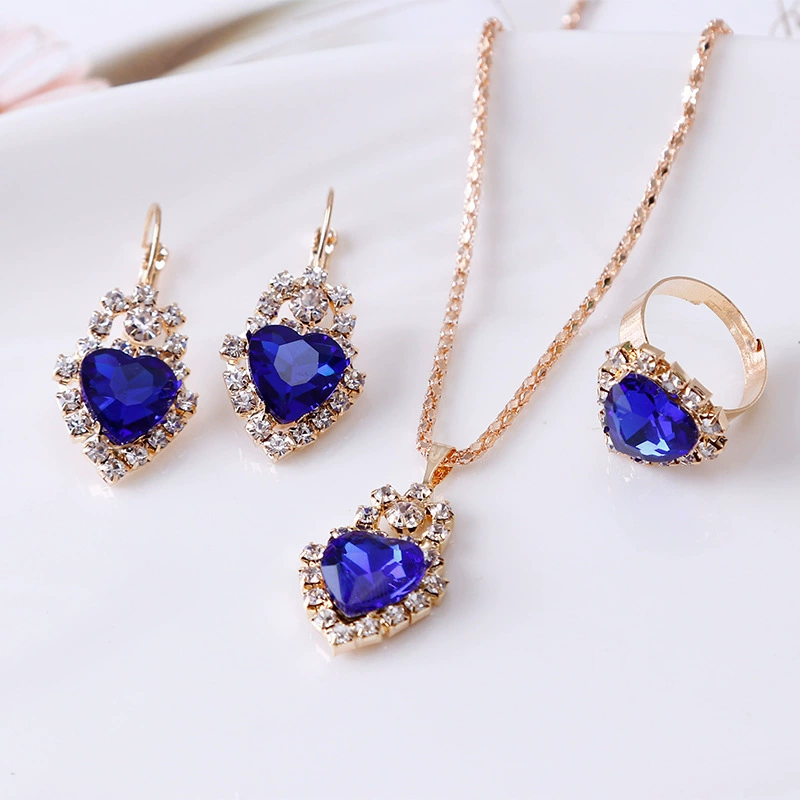 Earrings, ring, fashionable jewelry, pendant heart shaped, necklace heart-shaped for bride, 3 piece set, European style
