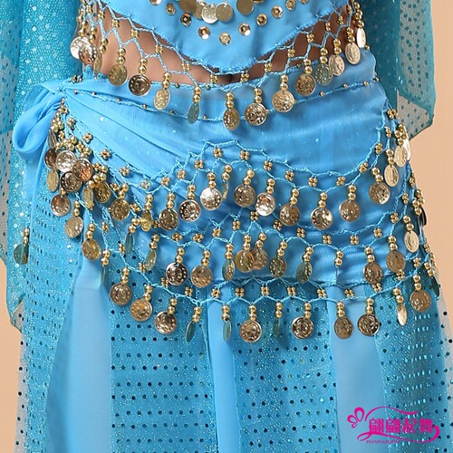 New dance clothes belly dance waist chain belt 128 coins chiffon yoga Indian dance performance practice waist chain accessories