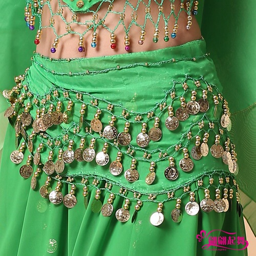 New dance clothes belly dance waist chain belt 128 coins chiffon yoga Indian dance performance practice waist chain accessories