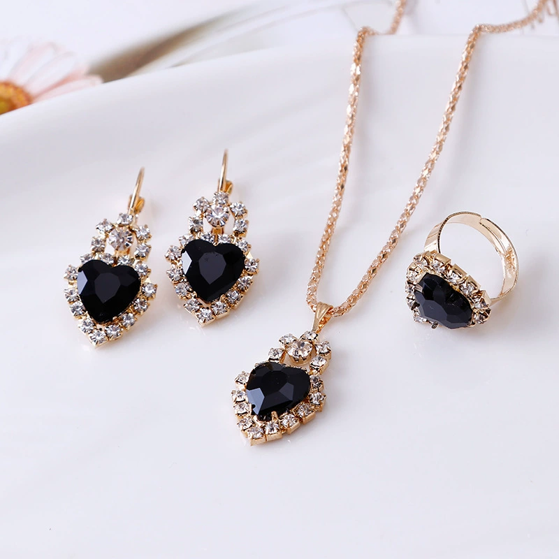 Earrings, ring, fashionable jewelry, pendant heart shaped, necklace heart-shaped for bride, 3 piece set, European style