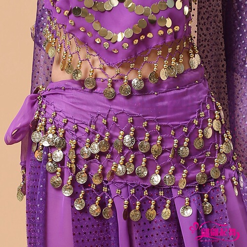 New dance clothes belly dance waist chain belt 128 coins chiffon yoga Indian dance performance practice waist chain accessories