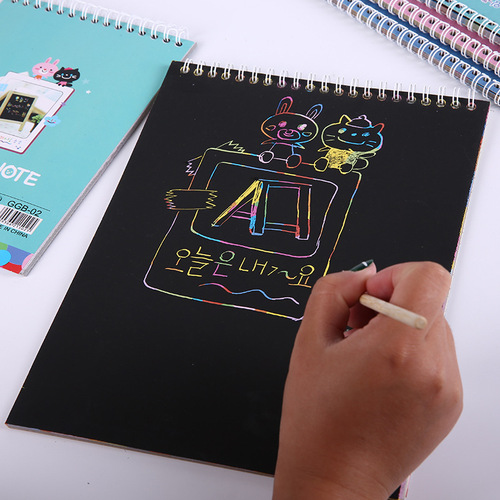 Scratch book, hand-painted cartoon scratch-off graffiti book for children, colorful DIY scratch-off paper coated magic coil book